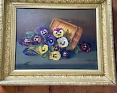 Antique framed oil, pansies, Victorian oil, Edwardian oil, Antique still life, purple pansies, yellow pansies, oil on board