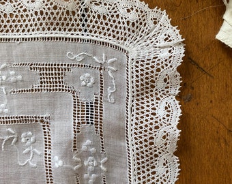 Antique French Lace Appenzell Heirloom Bridal Hanky Handkerchief ,White On White, Fine Madeira Linen, Gift For Bride Her Mom,Bride Accessory