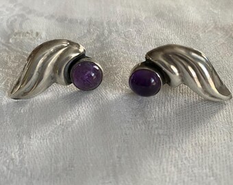 Vintage 1930s 925 Sterling Silver Winged Victory Screw On Earrings Purple Gemstone