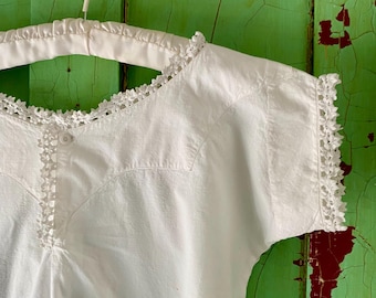 Antique Cotton Homemade Nightdress With Crochet Trim, Edwardian Victorian Nightwear