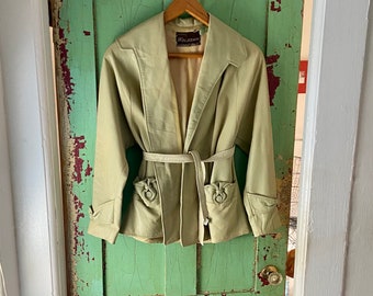 Vintage Sixties leather jacket, chartreuse jacket, belted Retro leather jacket, size 12 jacket,Cool weather jacket,