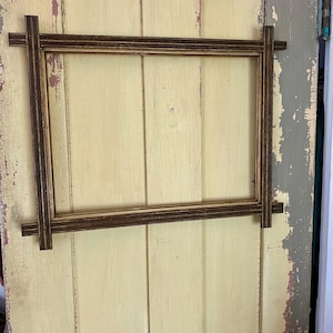 Antique Adirondack Large Criss Cross Corner Primitive Rustic Cabin Lodge Picture Frame With Original Glass and Hanging Hardware, Tramp Art,