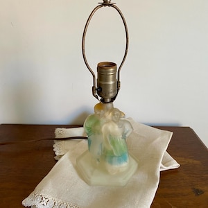 Antique 40s HouzeX LE Smith Frosted Glass Figural Dresser Boudoir Vanity Table Bedroom Blue Lamp ,Birthday Vintage Lover Housewarming Gifts