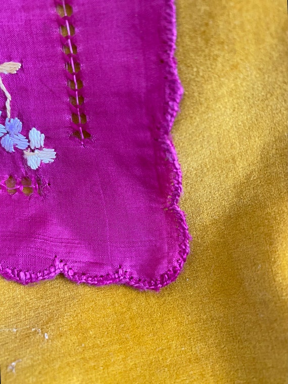Antique Silk Embroidered French MagentaHanky, Gif… - image 4