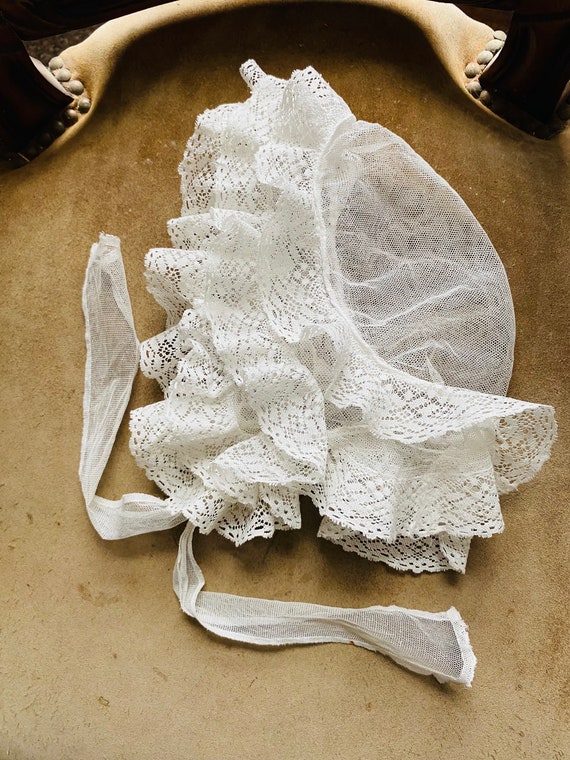 Antique Edwardian White Lace Ruffle Baby Bonnet Ca