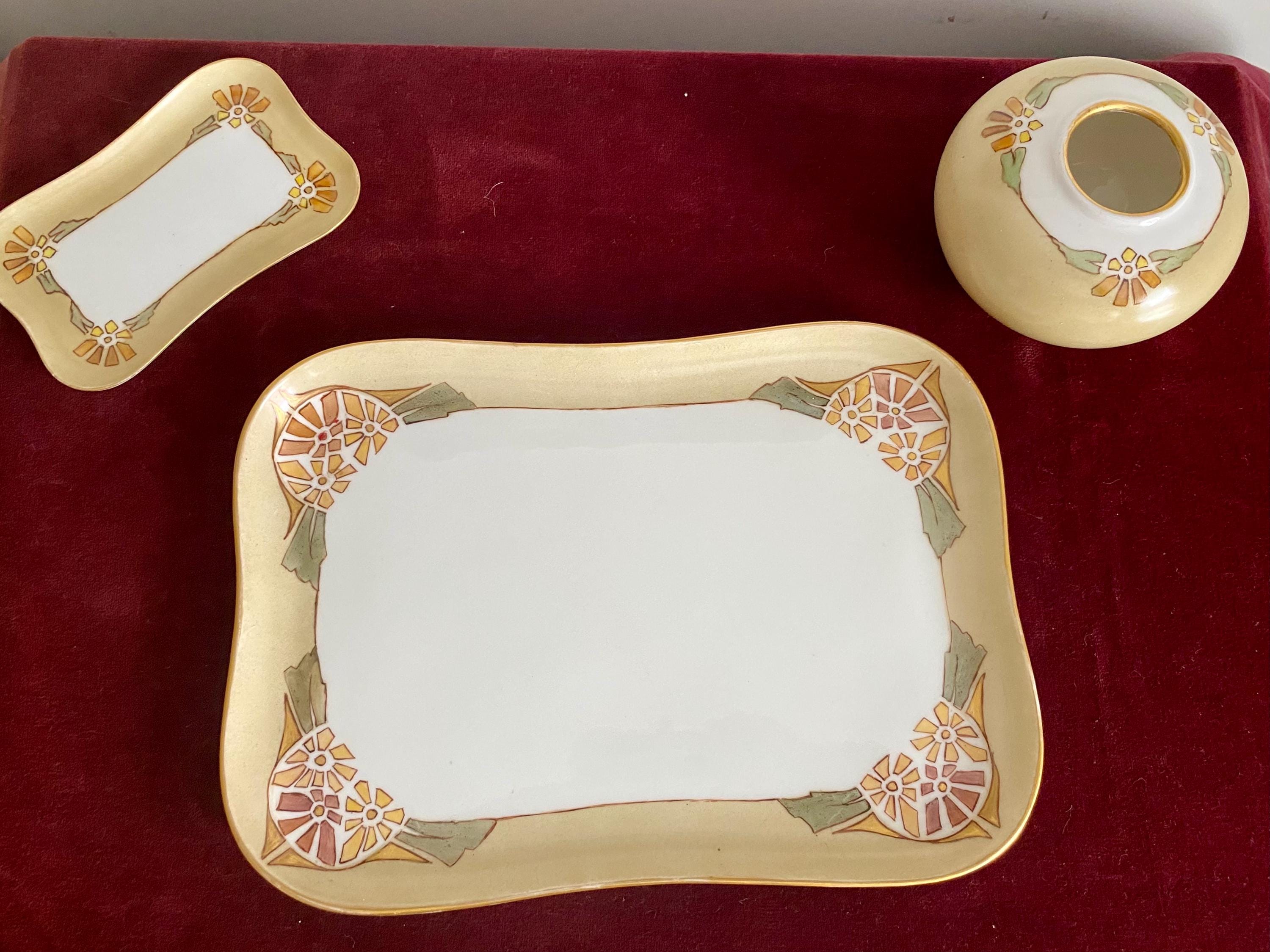 Antique Limoges Porcelain Hair Receiver, Art Deco Floral  display picture 1