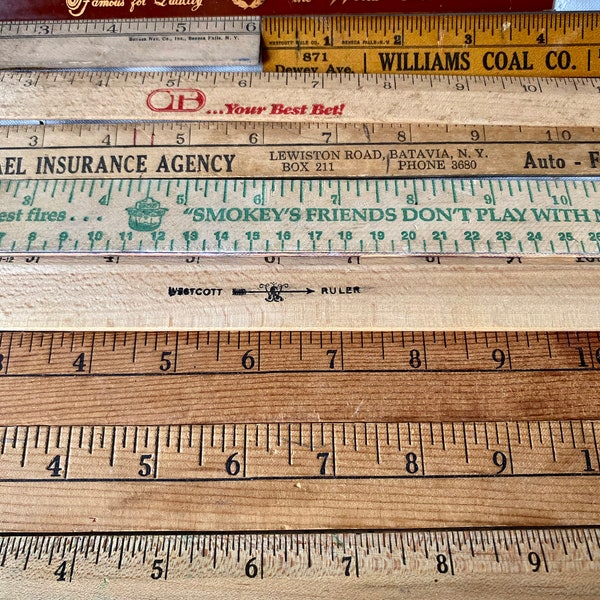 Lot of 10 Vintage Wood Rulers,Advertising Rulers, School Rulers,Vintage Advertising Rulers,Smoky The Bear Ruler,OTB Ruler,Philco TV Ad Ruler
