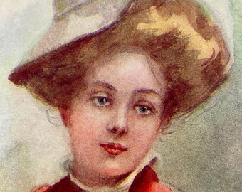 Antique Gibson Girl Lithograph Print, A Fox 1907, Matted Woman Art