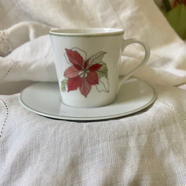 Block Spal Portugal Watercolors “Poinsettia” demitasse cup and saucer,MaryLou Goertzen, Christmas China, Block Spal espresso