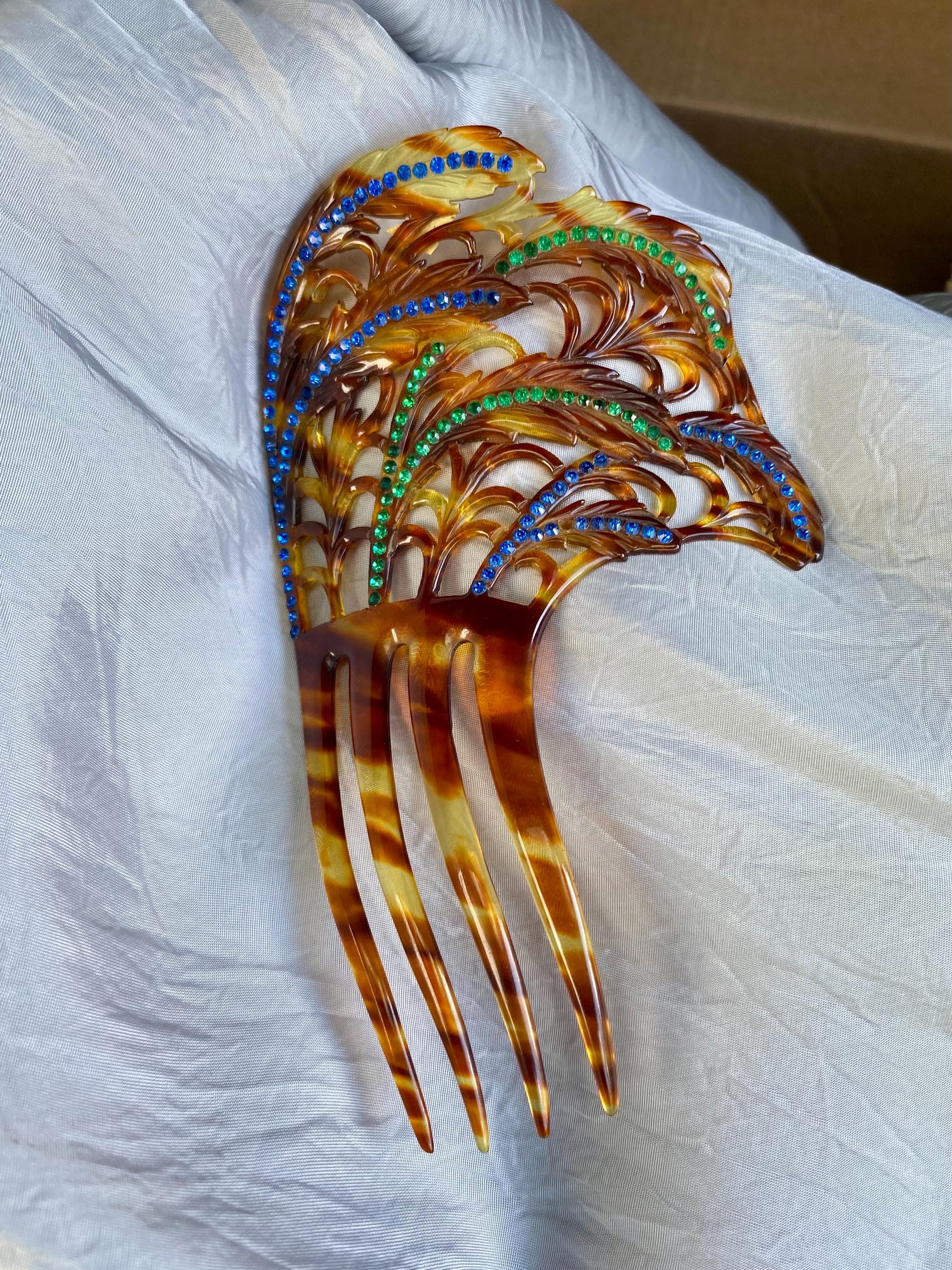 Vintage Art Deco Faux Tortoise Hair Comb Red Rhinestone Ornate Open Work Art Deco Hair Comb: Faux Tortoise Shell Celluloid, Red  main image 4