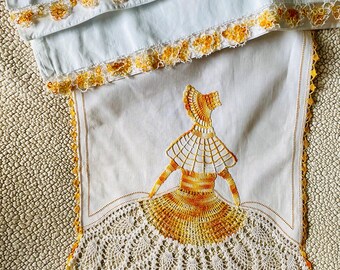 Antique 3 Piece Set Yellow Crinoline Girl Doily and Pillowcases With Tatted Edges