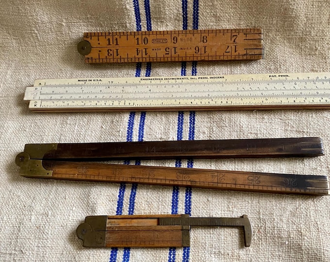 Antique Lot 3 Folding Wood Brass Rulers and 1 Slide Rule Boxwood ...