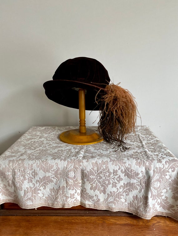 Early 1900s Brown Velvet Hat With Ostrich Feather… - image 5