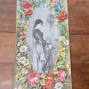 Antique 1800s Litho, French Flower girl, LaBoheme, Summer scene, summer floral litho,antique litho,French maiden,French Summer,Marys Shrine