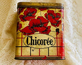 Vintage French Lidded Tin Canister, Art Deco Graphics, Brocante, Antique Kitchen,Poppies