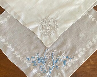 Vintage Monogrammed Hankies Set, Blue and White Embroidery, Bridal Gift