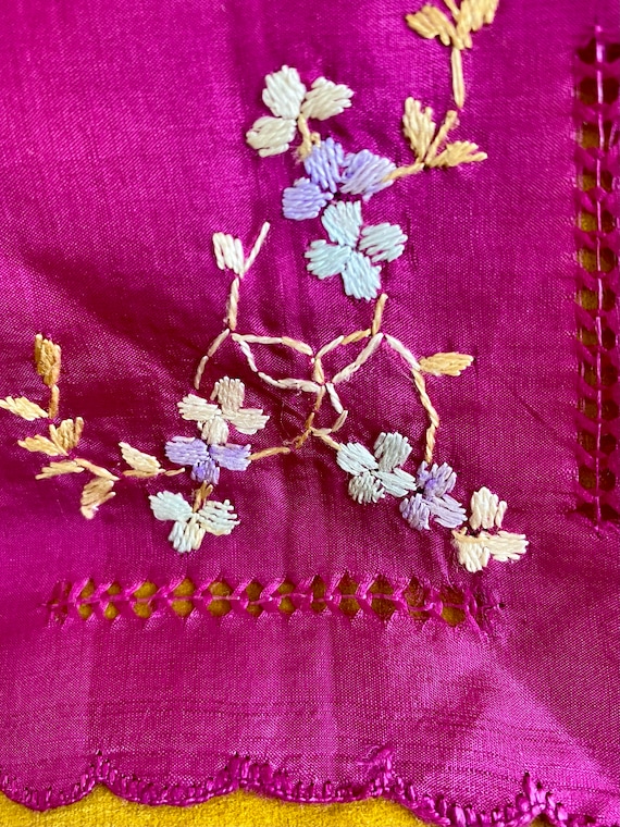 Antique Silk Embroidered French MagentaHanky, Gif… - image 2