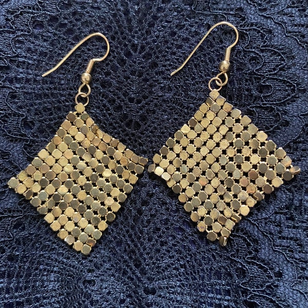 Vintage 70s Long Disco Metallic Mesh Dangle Drop Earrings,Glo Mesh,Bling, Collectible Club Party Jewelry,Gifts For Her Wife Girlfriend,Gold