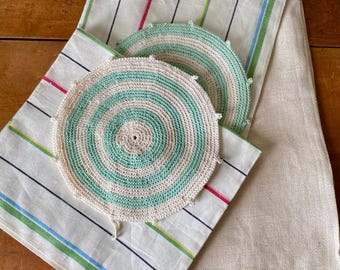 Vintage French Farmhouse Linen Set, Striped Towels, Crochet Potholders