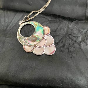 Pu&ograve; includere: Una collana con catena d'argento con un ciondolo in madreperla di abalone iridescente. Il ciondolo ha la forma di una mezzaluna con un cerchio tagliato al centro. La mezzaluna &egrave; circondata da un gruppo di cerchi pi&ugrave; piccoli in madreperla di abalone.