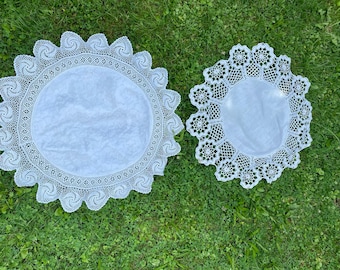 Antique Two Different Round Linen Doilies,Handmade Needle Crochet Laces,French Italian
