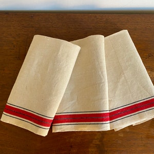 Set of 3 Vintage Linen kitchen Towels, Striped Linen Towels, Torchon, Cafe Towels, Farmhouse Kitchen,Red Striped Linen Towels, 1950s Kitchen