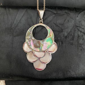 Pu&ograve; includere: Una collana d'argento con un grande ciondolo in madreperla di abalone iridescente. Il ciondolo ha la forma di un cerchio con un cerchio pi&ugrave; piccolo tagliato al centro. Il ciondolo &egrave; circondato da pezzi pi&ugrave; piccoli di madreperla di abalone.