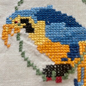 Vintage Tea towel Gift,Toucan, Parrot/Cockatiel,counted cross stitch, linen guest towel,cute parrot, beautiful parrot, Parrot Tea Towel Gift