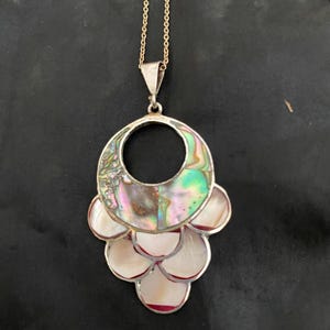 Pu&ograve; includere: Una collana con catena d'argento con un ciondolo in madreperla di abalone iridescente. Il ciondolo ha la forma di un cerchio con un cerchio pi&ugrave; piccolo tagliato al centro. Il ciondolo &egrave; circondato da pezzi pi&ugrave; piccoli di madreperla di abalone che si sovrappongono.
