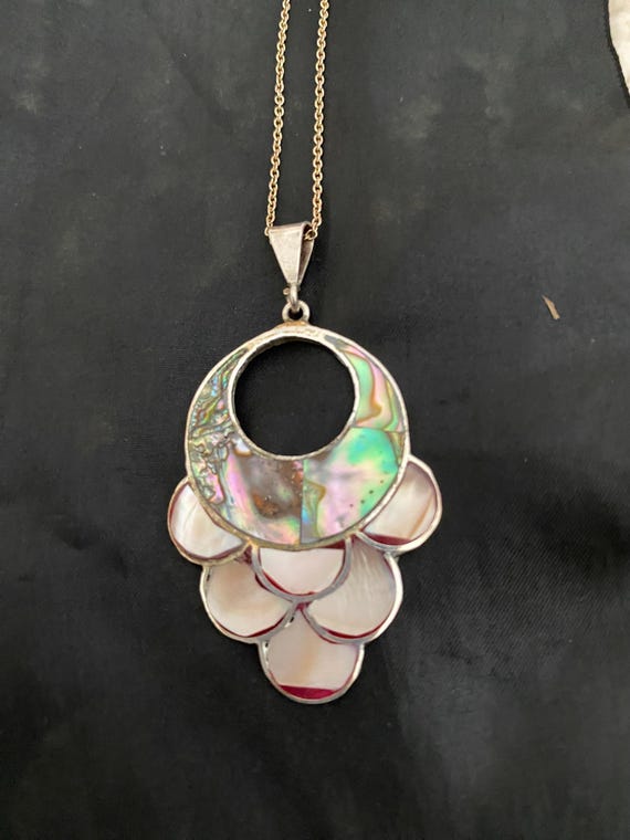 Vintage Mexico Sterling Pendant Abalone Mother Of Pearl Iridescent Dichronic Glass Necklace,Summer Beach Jewelry