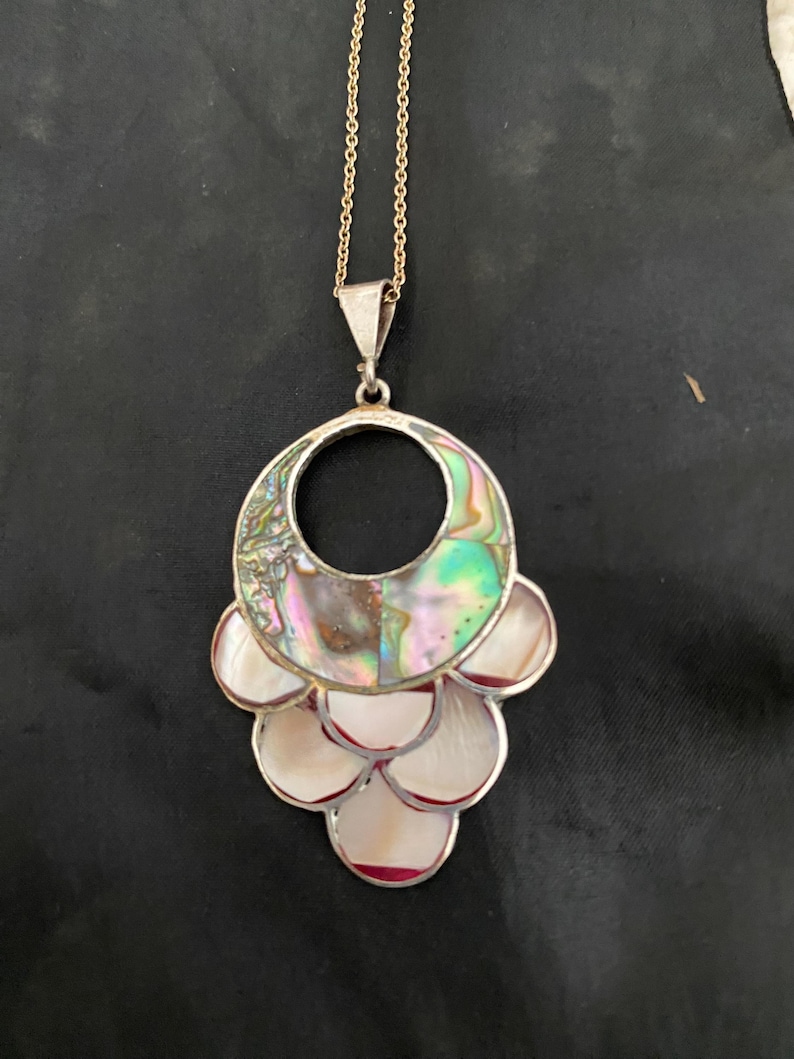 Pu&ograve; includere: Una collana con catena d'argento con un ciondolo in madreperla di abalone iridescente. Il ciondolo ha la forma di un cerchio con un cerchio pi&ugrave; piccolo tagliato al centro. Il ciondolo &egrave; circondato da pezzi pi&ugrave; piccoli di madreperla di abalone che si sovrappongono.