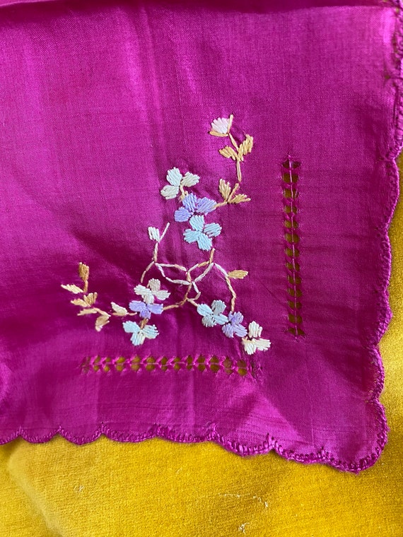 Antique Silk Embroidered French MagentaHanky, Gif… - image 3