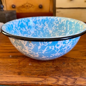 Vintage Agate Ware Small Enamel Marbled  Blue and White Bowl, Enamelware
