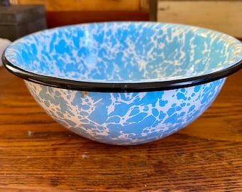 Vintage Agate Ware Small Enamel Marbled  Blue and White Bowl, Enamelware