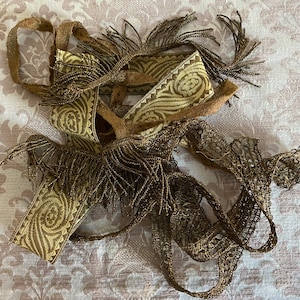 Antique lot gold wire trims,vestment trims,Victorian Steampunk gold wire brocade,Lace Metal, antique metal lace,priest vestments,gold fringe