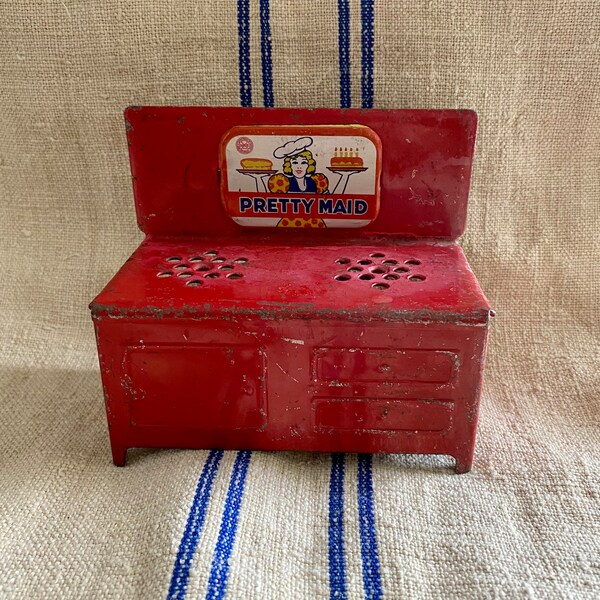 Vintage 1940s  Pretty Maid Red Metal Toy Child Stove,Dollhouse Furniture,Louis Marx Toy Co,Play Kitchen Oven Stove,Gifts For Kids Her Cooks