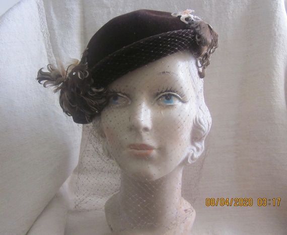 Vintage 1930s Cocktail Hat,1930s millinery, feathe