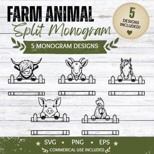 Peut inclure: Un design numérique présentant cinq modèles de monogrammes divisés d'animaux de la ferme. Les animaux comprennent une vache des Highlands, une chèvre, un cheval, un cochon et un coq, chacun regardant par-dessus une clôture. Le design comprend le texte "Farm Animal Split Monogram".