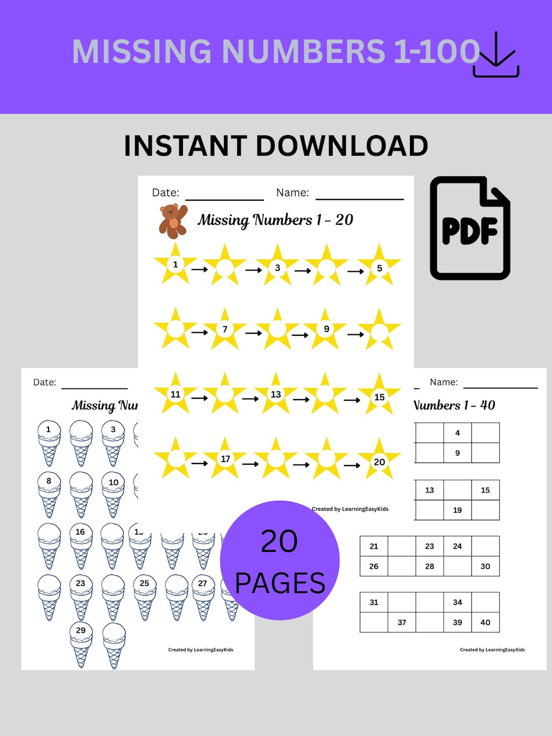 Missing Numbers Worksheet 1-100 – Preschool Kindergarten Printable ...