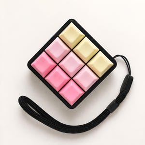 Op de afbeelding: Een vierkant fidget-speelgoed met een zwart frame en polsband. Het speelgoed heeft negen vierkante blokken in roze en gele tinten. De polsband is gemaakt van zwart geweven materiaal.