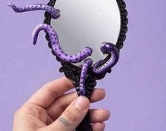 Gothic Tentacle Hand Mirror / Purple Octopus Mirror / Dark Whimsical Oddities Decor / Surrealist Horror Handheld Mirror