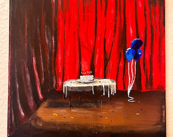 Original Backrooms Partyrooms Gouache Painting | Liminal Space Party Art on 10x12 Canvas