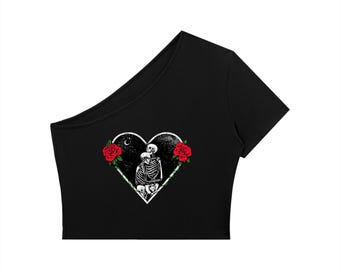 Camiseta corta de un solo hombro para mujer con el diseño "Dos amantes"