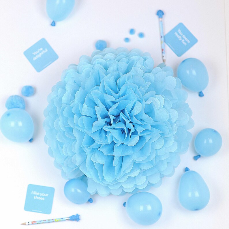 Blue paper pom pom set Large paper flowers Boy baby shower Etsy