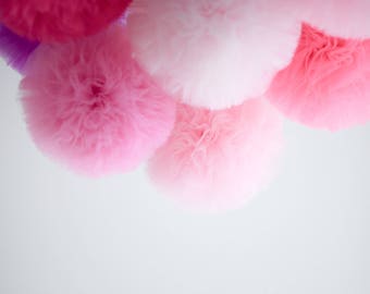 Set of 6 Large Pink Tulle Pom Poms - High-Quality Soft Tulle Balls for Wedding Decorations, Nursery and kids party