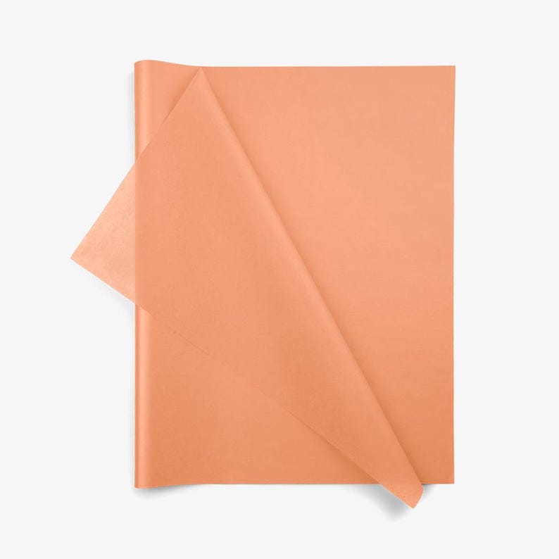 May include: A rectangular sheet of peach-colored tissue paper with a smooth, matte texture. The paper is folded over at the top left corner, revealing a slightly lighter, translucent shade of the same peach color on the underside of the fold.