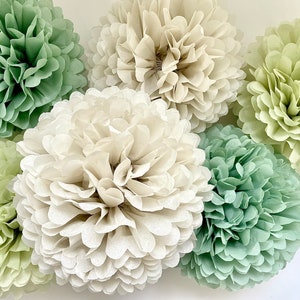 Pom pom set of 16 sage green Tissue paper pom poms dusty green Paper flowers Wedding decor cream and green party decor image 5