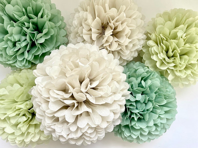 Pom pom set of 16 sage green Tissue paper pom poms dusty green Paper flowers Wedding decor cream and green party decor image 5