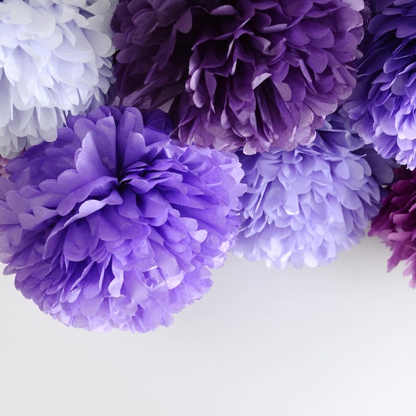 All Purple paper pom poms set of 12 Luxurious paper balls purple wedding Paper flowers Birthday party decorations baby shower bridal shower