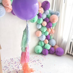 Lavender giant balloon and Paper tassel tail Fringe garland baby shower, gender reveal, wedding birthday party lilac blush mint light blue image 8